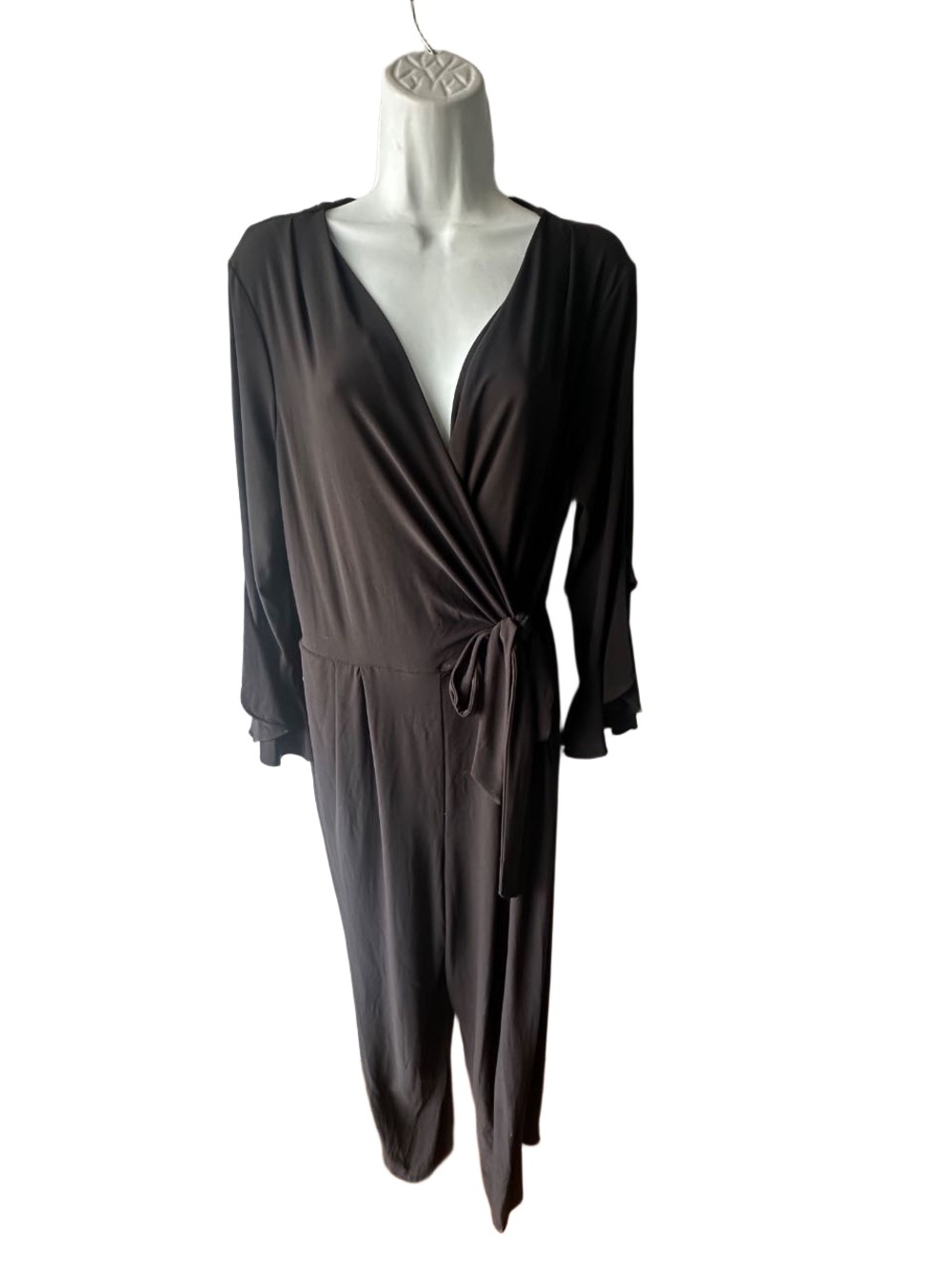 Emma & Michele Faux Wrap Jumpsuit Long Sleeve Surplice V Neck Ruffle Cuff L